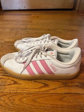 Pink and white Adidas with gum sole size 8